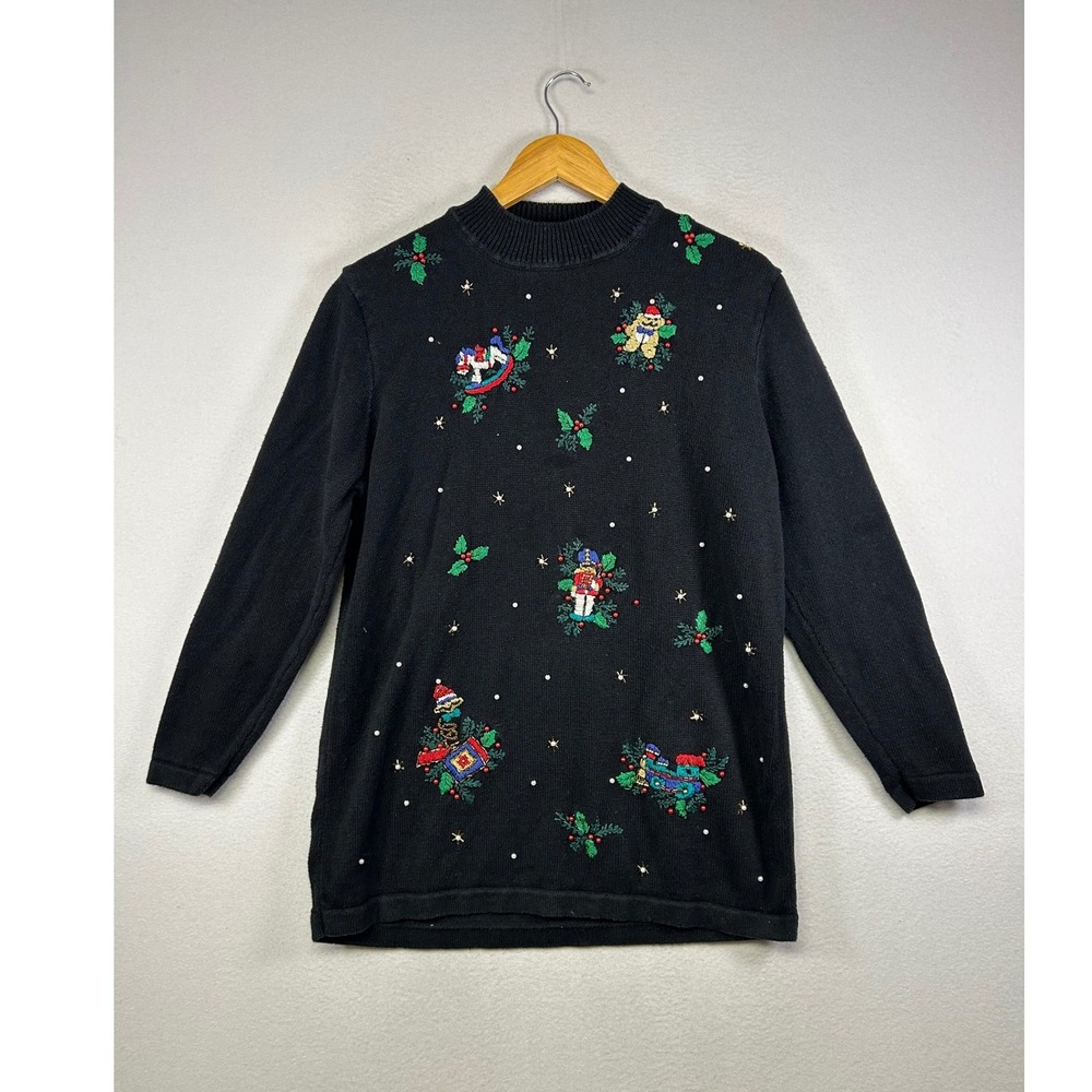 Grandma Core NutCracker Women Large Black Christmas Nutcracker Beaded Sweater‎